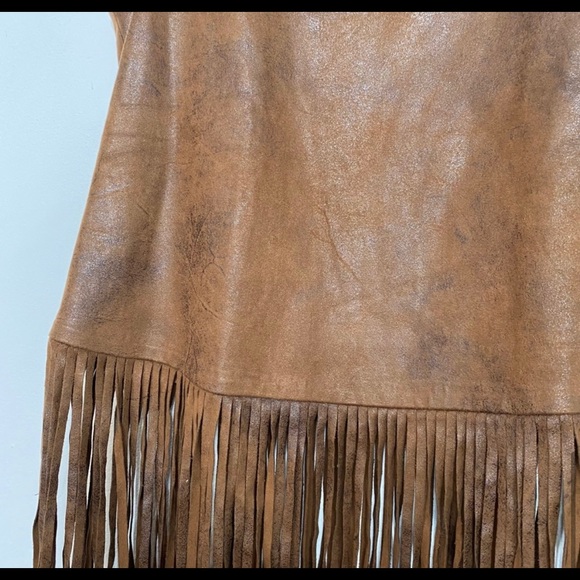 Mango Sueded Fringe Tank Top Sleveless V-Neck Vegan Brown Distressed Hippie Boho - Picture 7 of 9